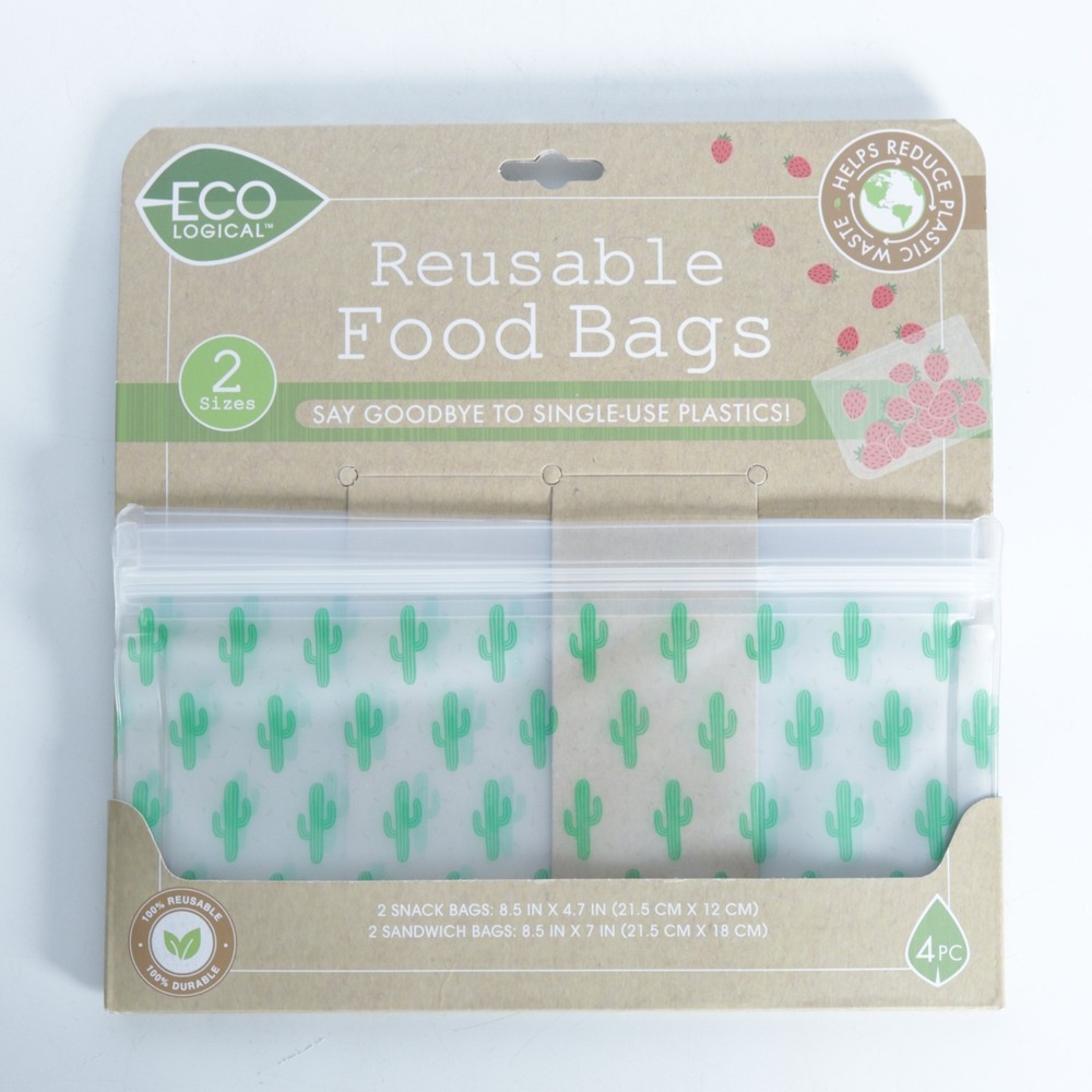 EcoLogical Reusable Silicone Storage Bags – Cactus Theme – 4pc Snack + Sandwich